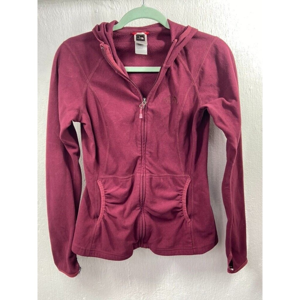 THE NORTH FACE WOMENS SMALL RED SWEATER FULL ZIP RUCHED POCKETS HOODED